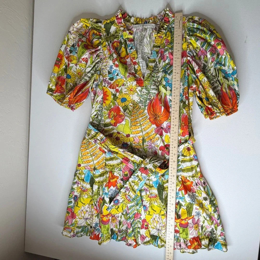 Marie Oliver Clara Floral Palm‎ Mini Dress Sz XS Multi Puff Sleeve Tiered Resort - Picture 10 of 12